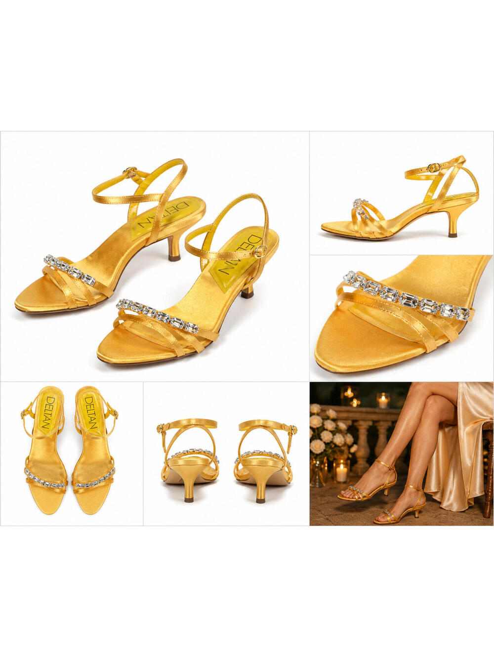 DELTAN Gold Satin Crystal Strap Heels Sandals 8.5M Kitten Heel Wedding Evening